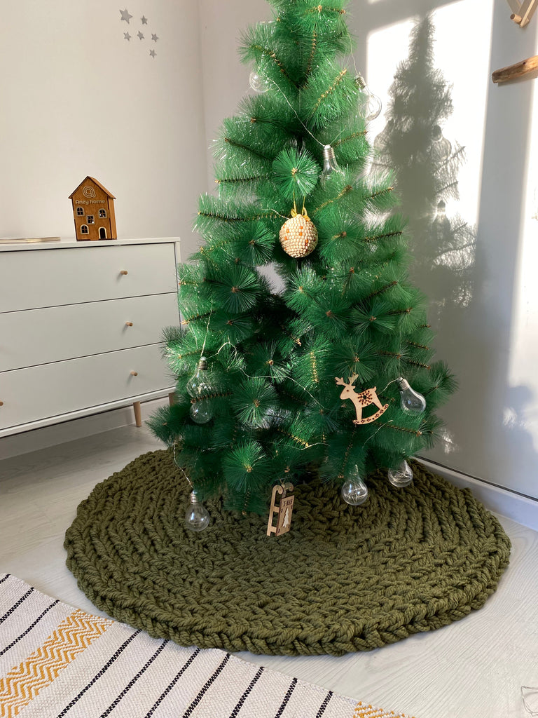 Large green chunky knit Christmas tree skirt Anzy Home