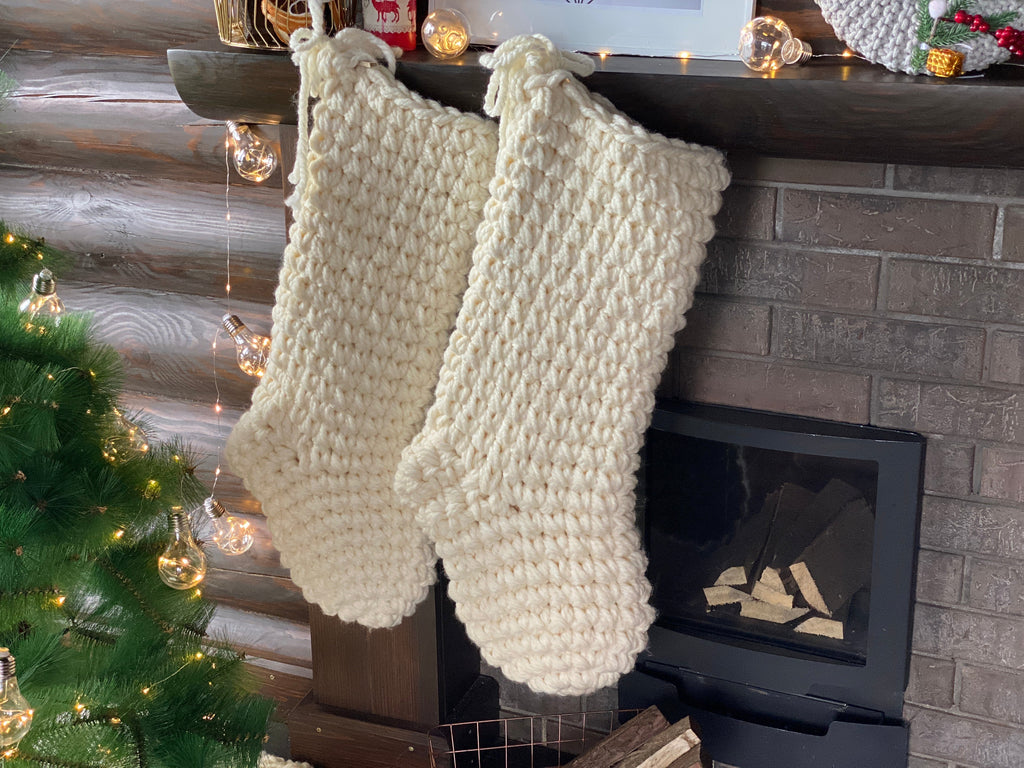 Large creamy hand knit Christmas stocking 