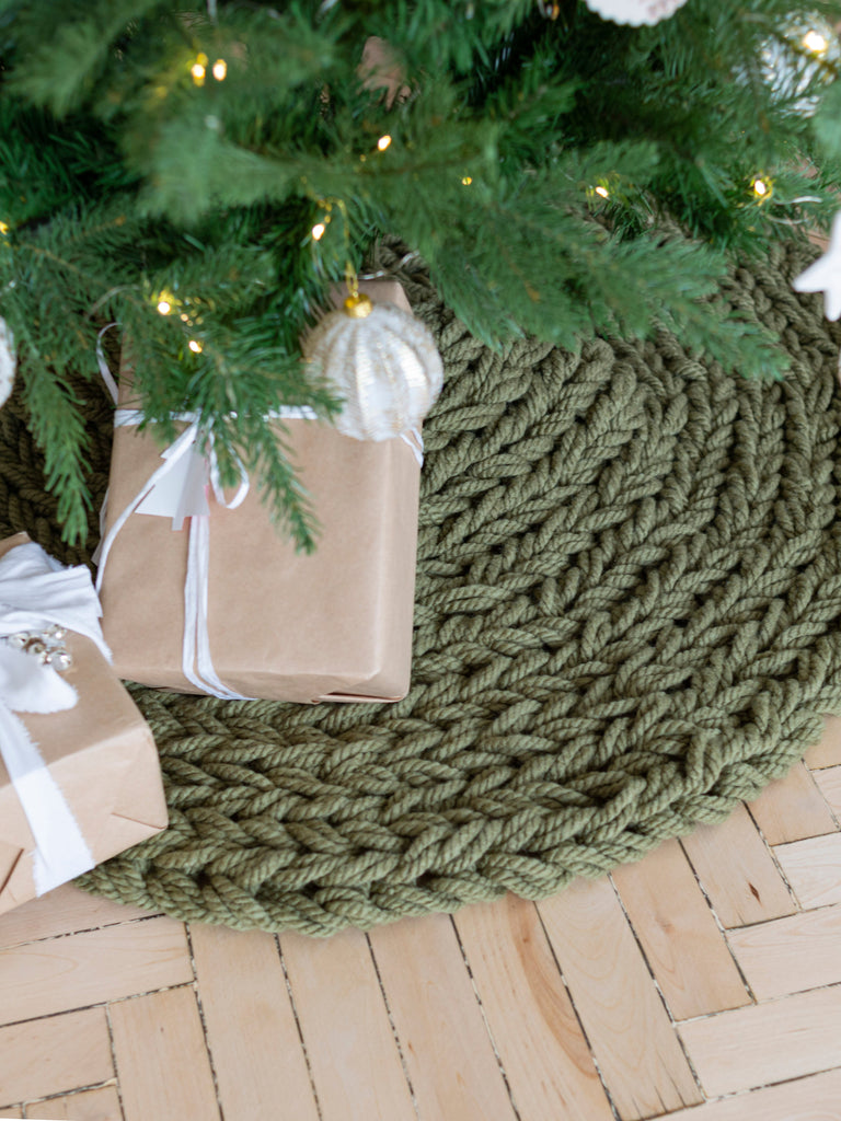 Khaki green knitted Christmas tree skirt Anzy Home